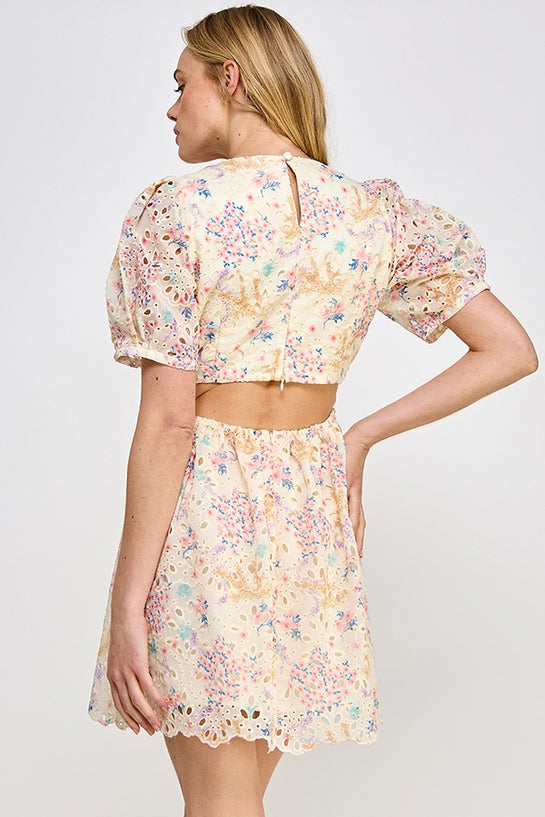 Floral Print Eyelet Mini Dress - Pink Multi