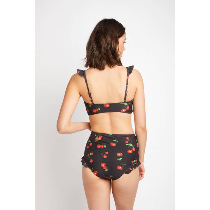 High Waisted Balconette Swimsuit - Cherry Black