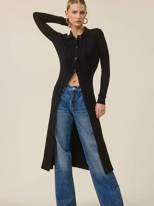 Collared Ribbed Knit Duster Cardigan - Black