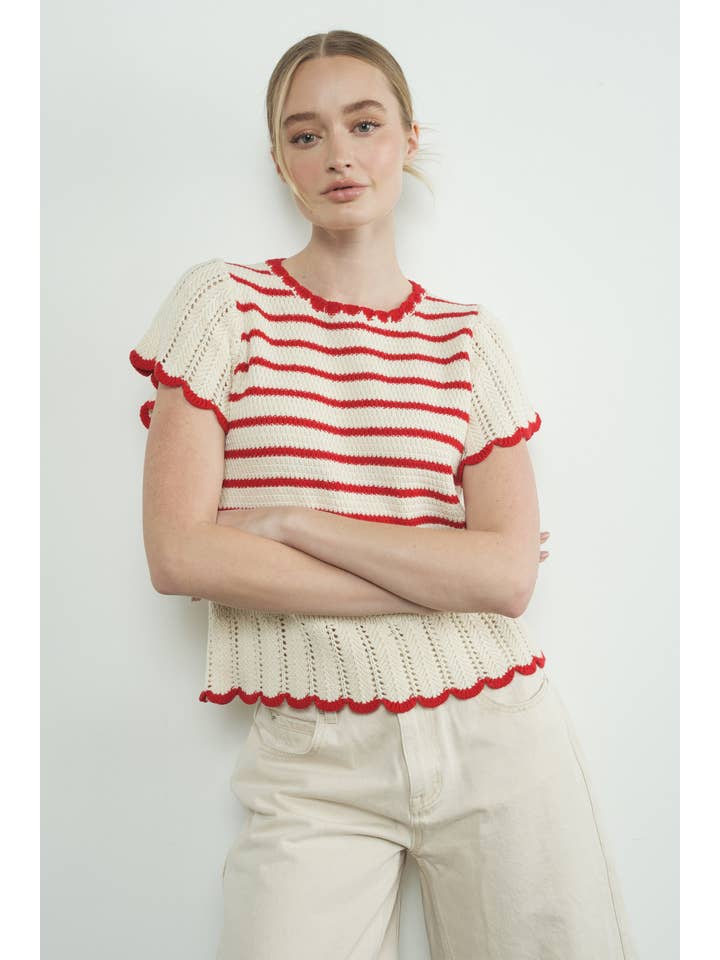 Striped Crochet Sweater - Natural/Red