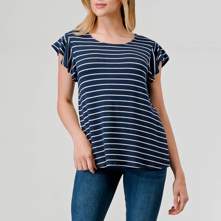 Flutter Sleeve Stripe Top - Navy/White