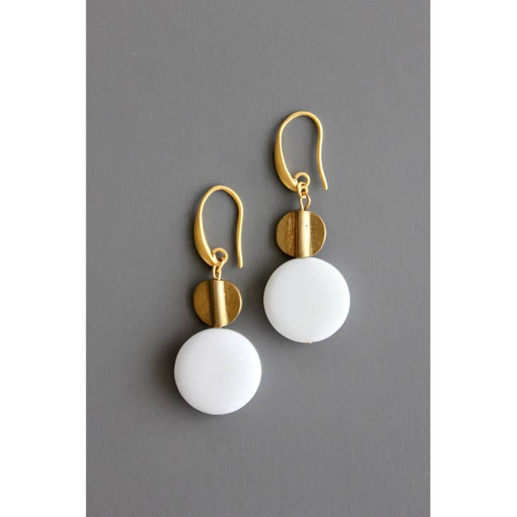 White Agate and Brass Earrings