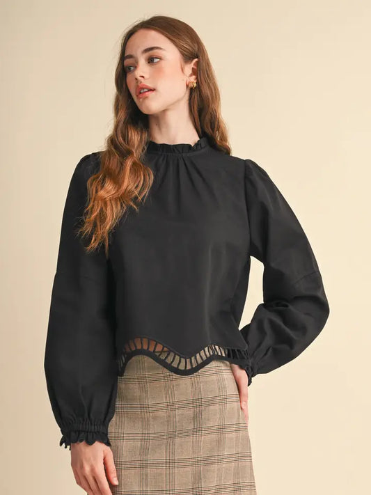 Embroidered Cut-Out Hem Long Sleeve Top - Black