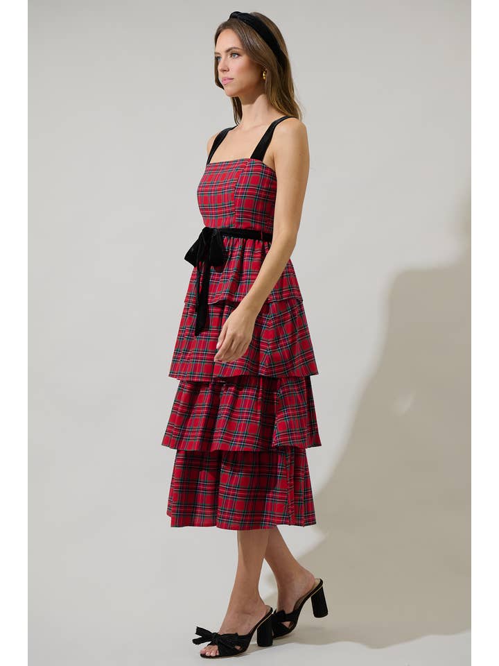 Arvada Plaid Tiered Midi Dress - Red Multi