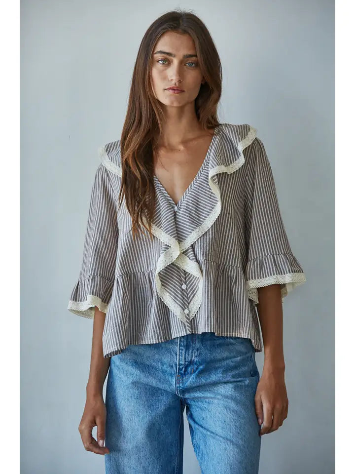 Striped Ruffle Top - Grey