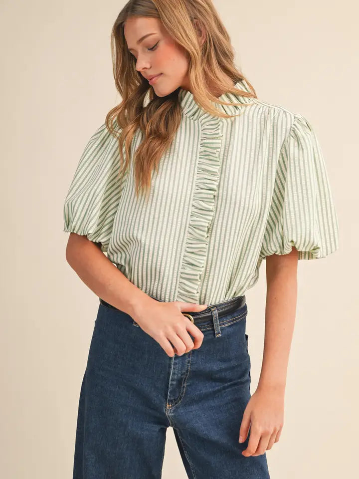 Striped Ruffle Button Down - Seafoam Green