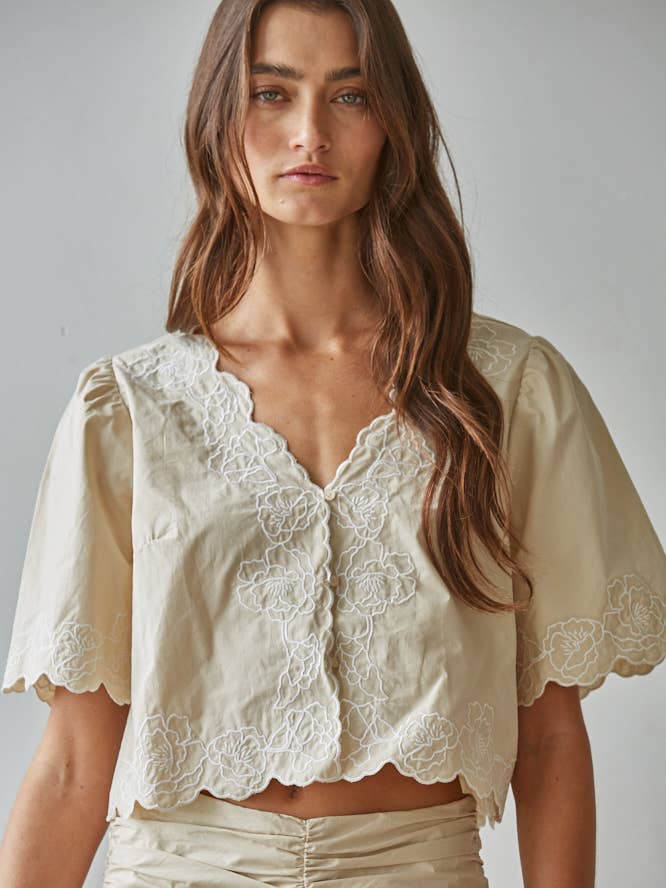 Woven Floral Embroidered Top - Natural