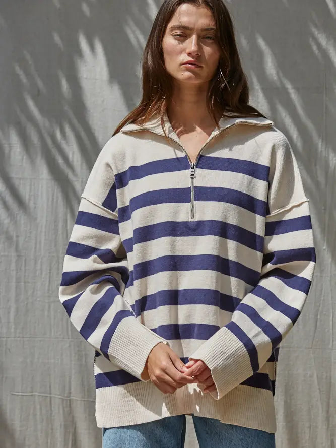 Striped Quarter Zip Sweater - Natural Navy
