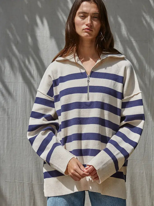 Striped Quarter Zip Sweater - Natural Navy