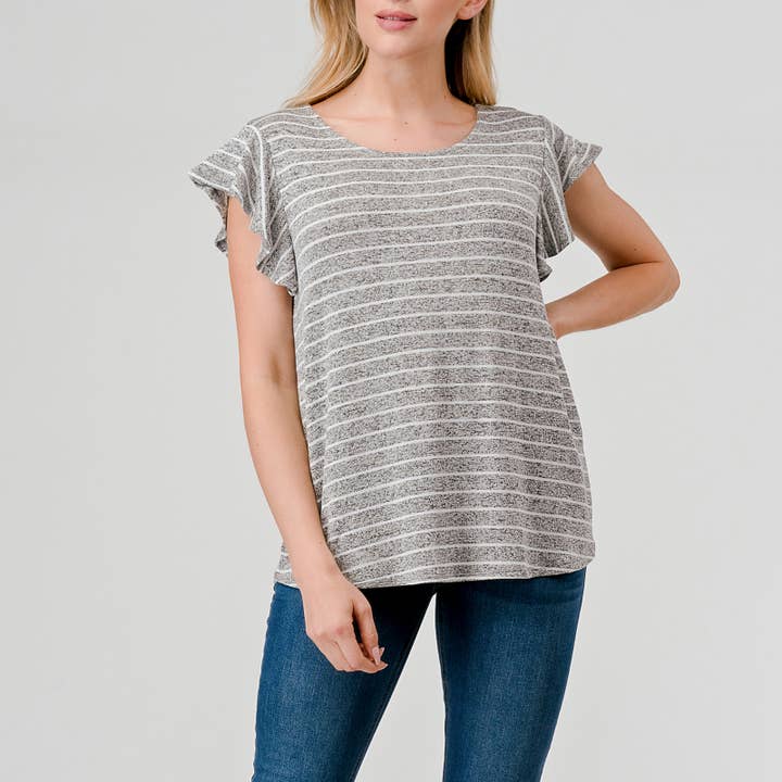 Flutter Sleeve Stripe Top - Heather Grey/White