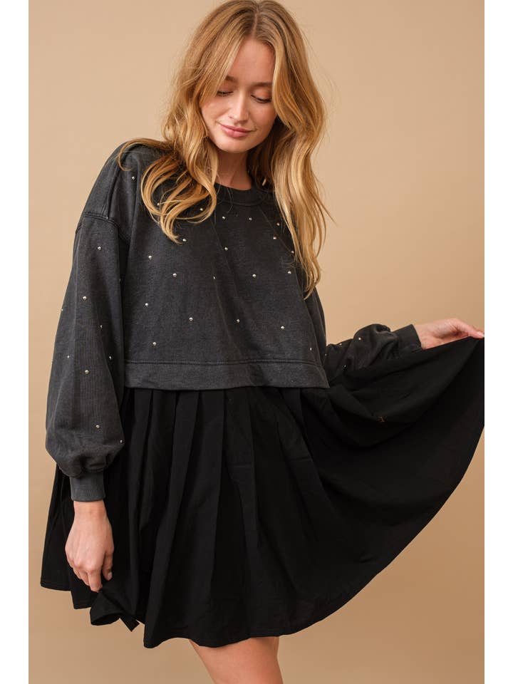 Embellished Sweatshirt Dress - Black