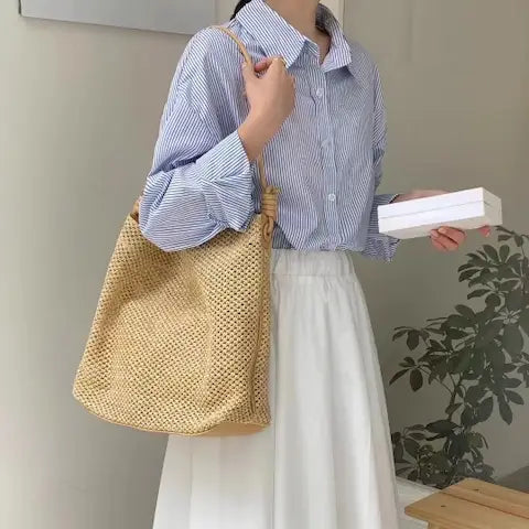 Faux Leather Strap Straw Tote - Apricot Yellow