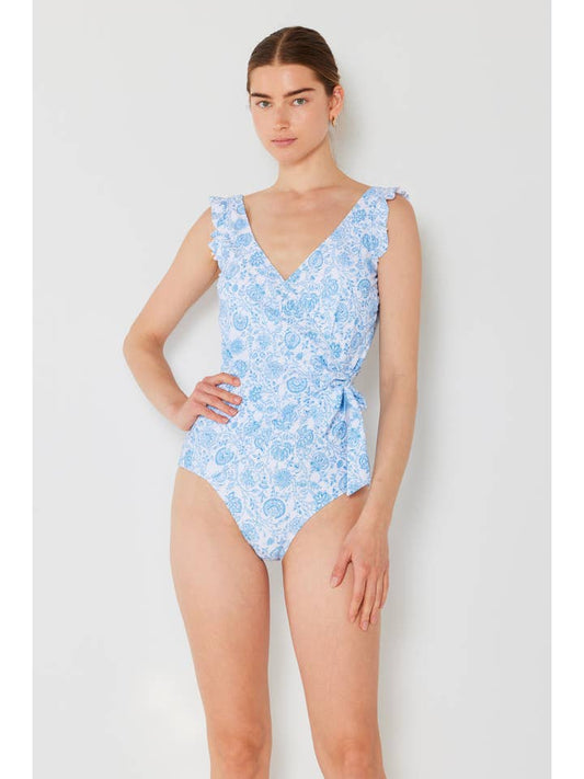 Ruffle Wrap Tie Swimsuit - Thistle Blue