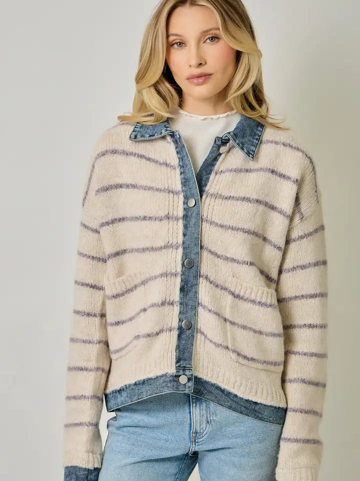 Striped Denim Hem Sweater Jacket - Oatmeal