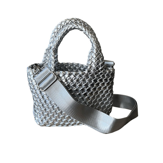 Leah Petite Metallic Woven Tote - Silver