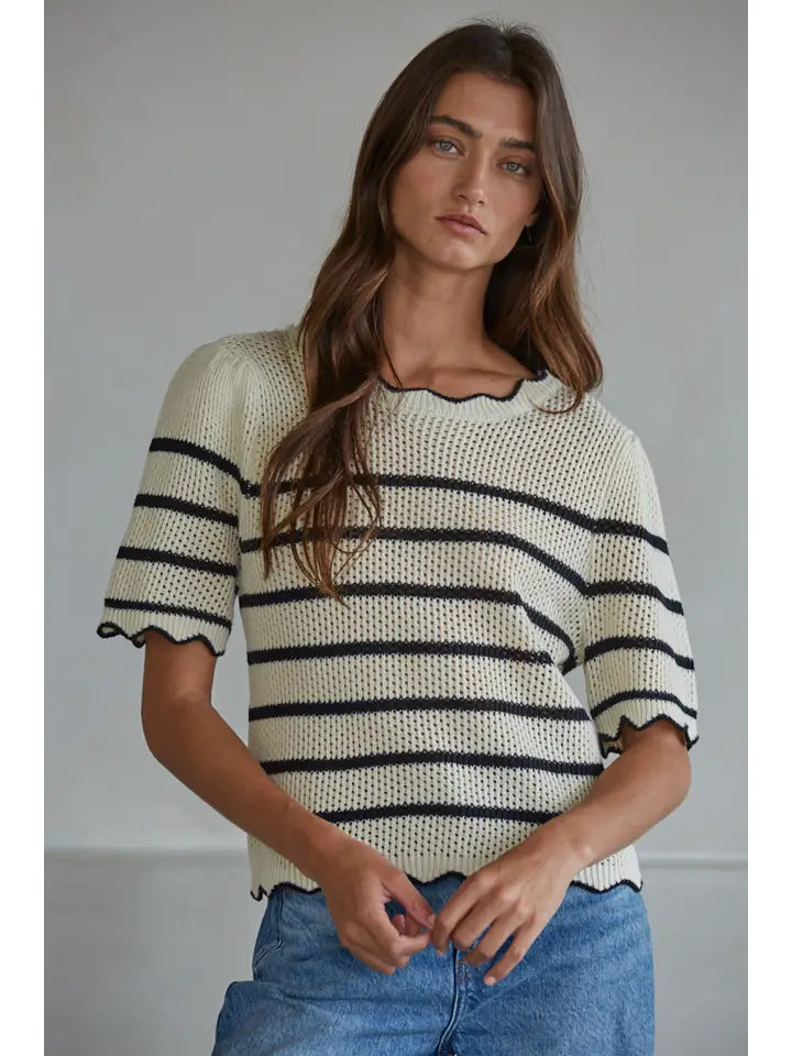 Scalloped Hem Crochet Top - Cream Black