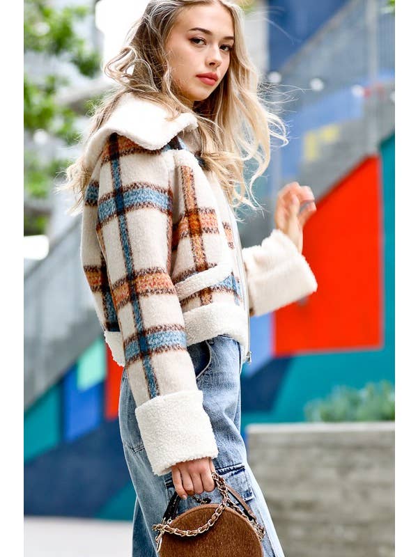 Plaid Cropped Jacket - Cream/Rust