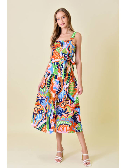 Waist Tie Midi Dress - Abstract Multi