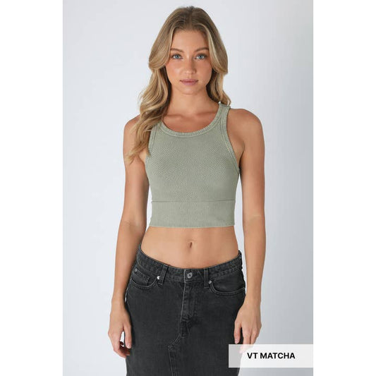 Chevron Highneck Crop Top - Vintage Matcha