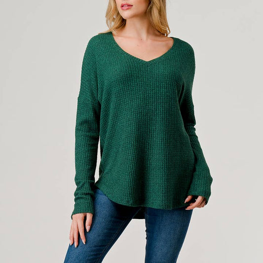 V-Neck Brushed Knit Top - Evergreen