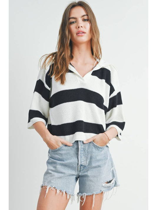 Striped Collared Sweater - Black/Ivory