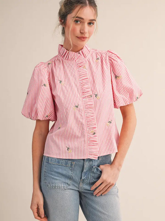Embroidered Striped Ruffle Button Down - Pink Berry
