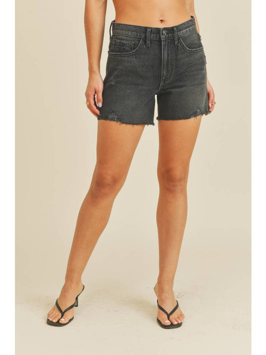 Clean High Rise Slit Short - Washed Black Denim