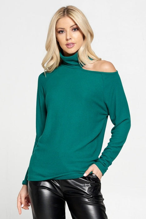 Cold Shoulder Turtleneck Sweater - Green