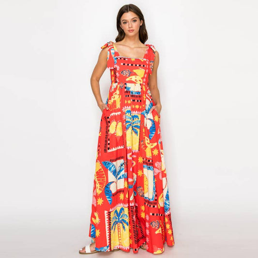 Retro Tropical Print Maxi Dress - Red