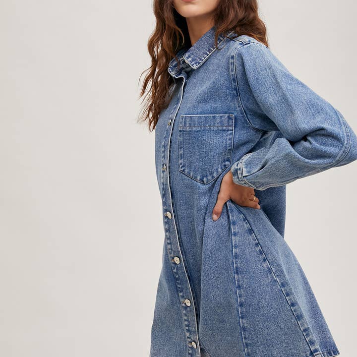 Denim Button Down Shirt Dress - Washed Blue