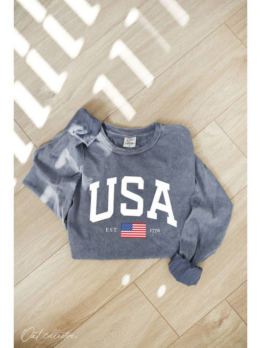 USA Mineral Washed Long Sleeve Tee - Storm