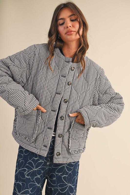 Plaid Padded Ruffled Pocket Jacket - Navy