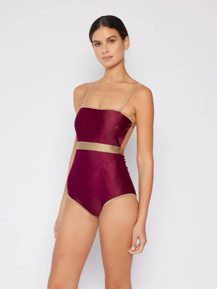 Contrast Banding Swimsuit - Shine Wine