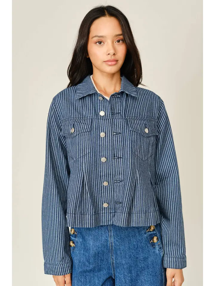 Striped Texture Denim Pleated Jacket - Denim