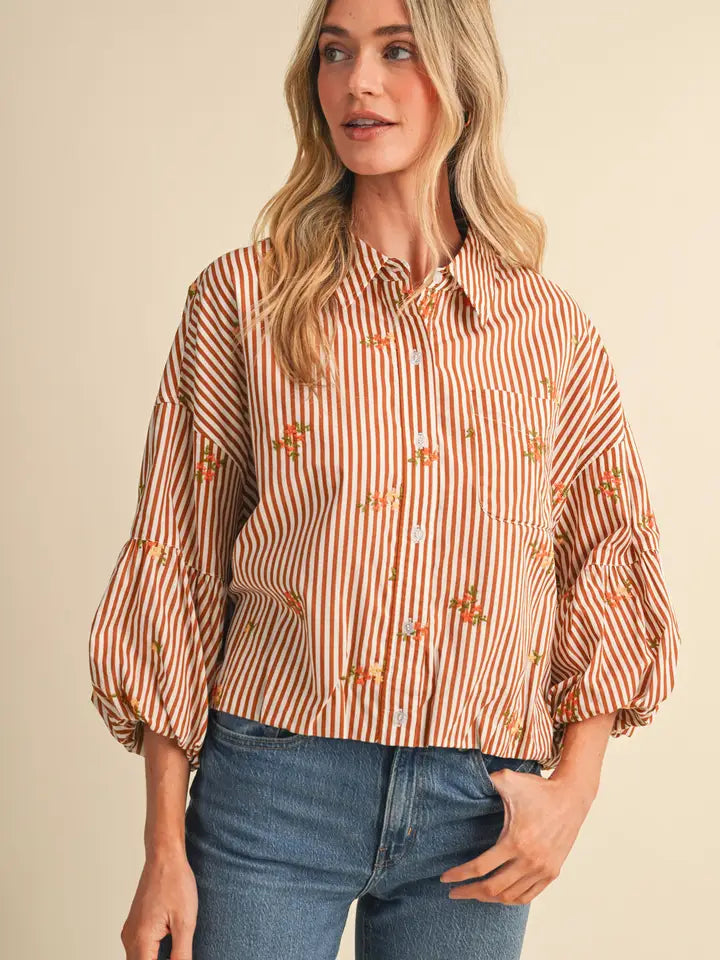 Embroidered Bubble Sleeve Button Down - Amber Stripe Floral