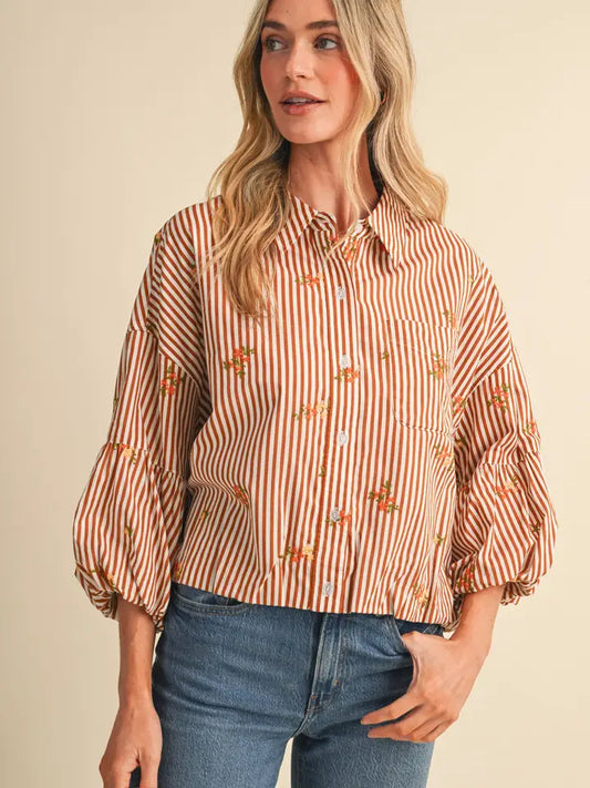 Embroidered Bubble Sleeve Button Down - Amber Stripe Floral