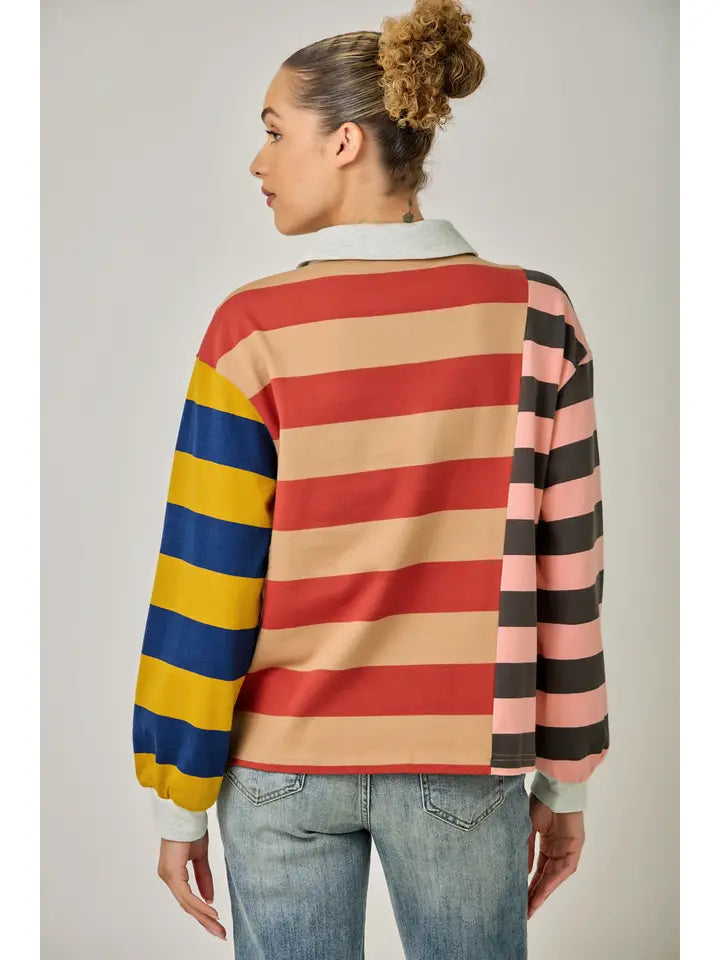 Stripe Color Block Pullover - Pink/Red/Mustard