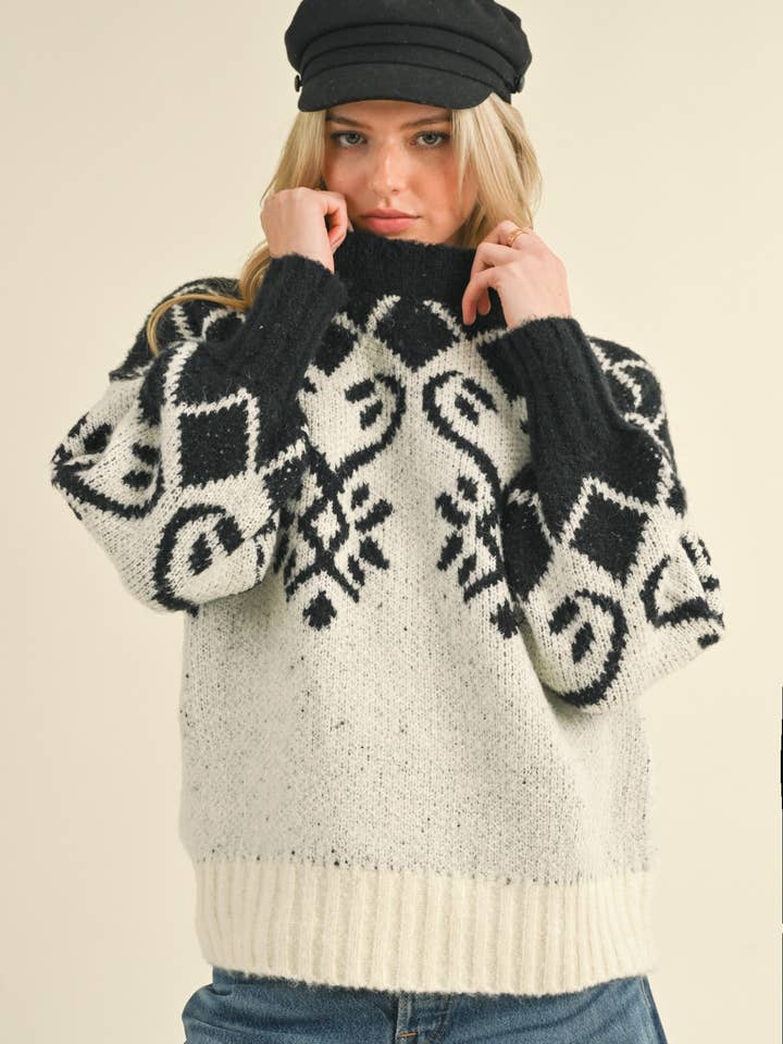 Jacquard Pullover Sweater - Cream Black