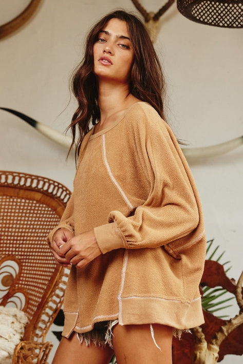 Reverse Stitch Dolman Sleeve Tunic - Camel