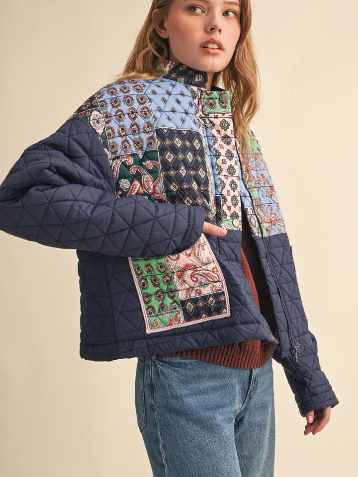 Patchwork Quilted Puff Jacket - Navy