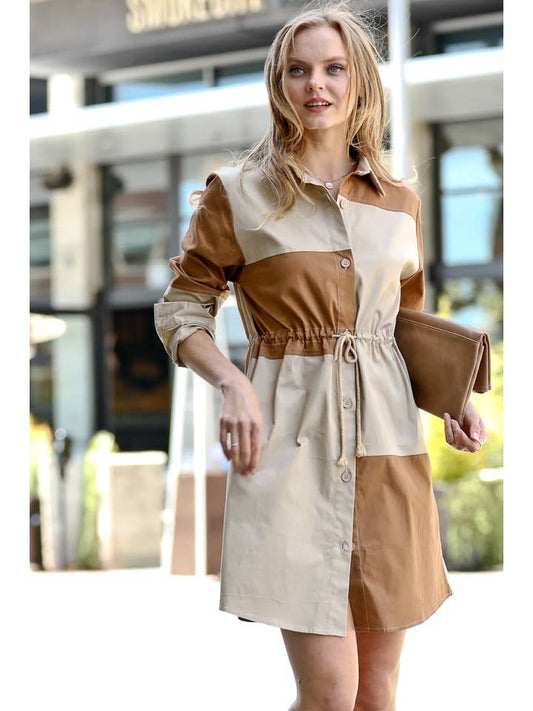 Patchwork Shirt Dress - Latte