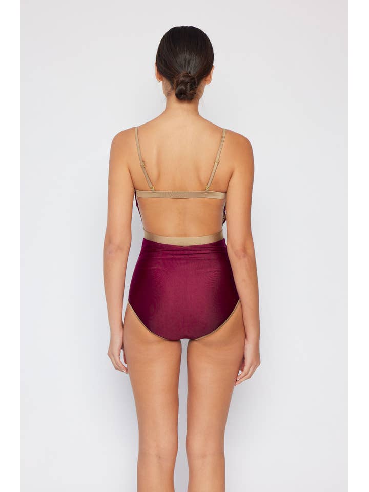 Contrast Band Swimsuit - Shine Wine