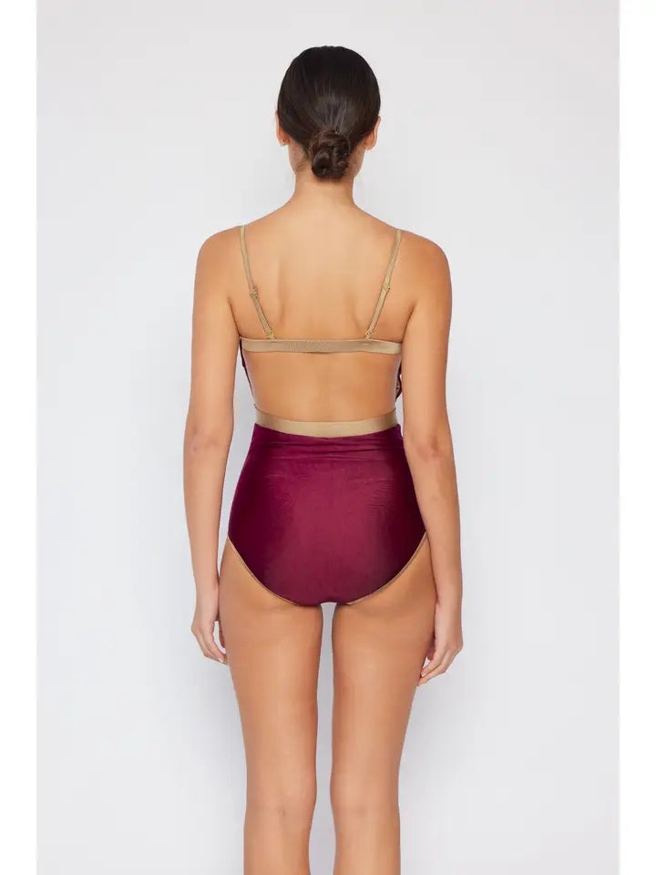 Contrast Banding Swimsuit - Shine Wine