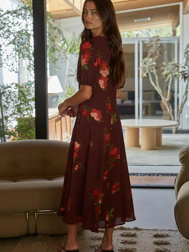 Floral Puff Sleeve Midi Dress - Wine