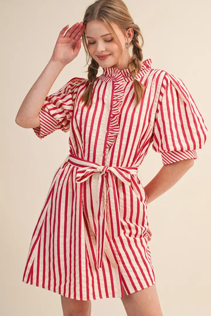 Striped Ruffled Mini Dress - Berry Red