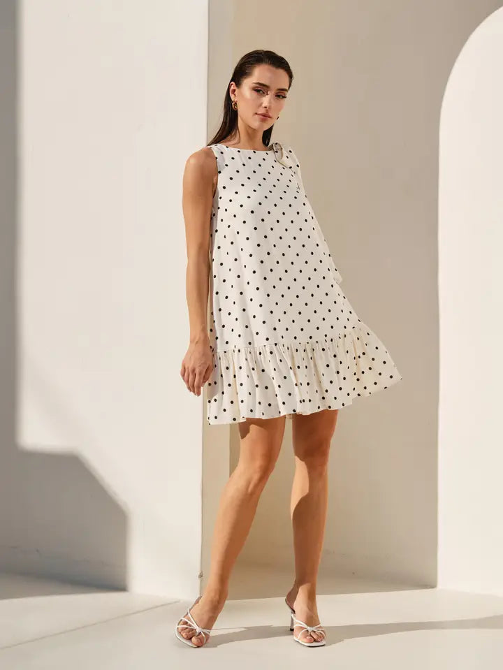 Polka Dot Ruffle Mini Dress - Cream/Black
