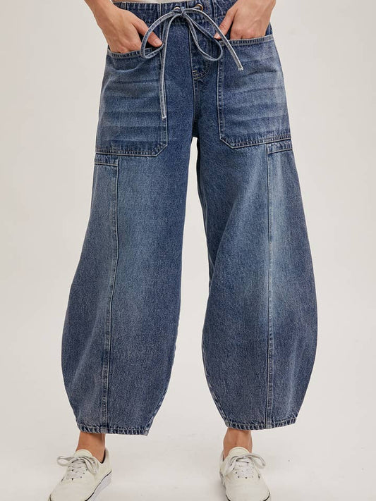 Drawstring Barrel Jeans - Medium Wash