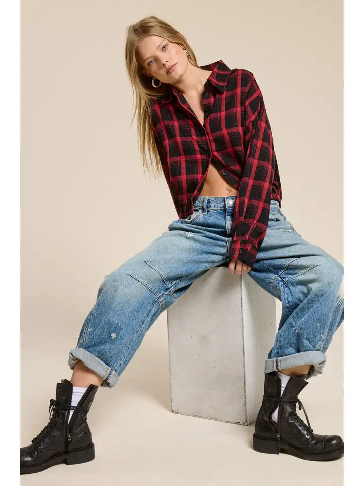 Plaid Cropped Button Down - Red
