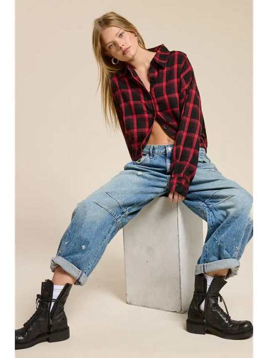 Plaid Cropped Button Down - Red