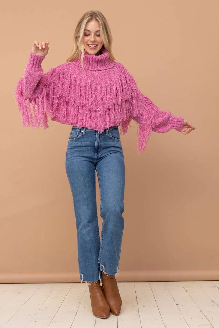 Fringe Cropped Sweater - Pink